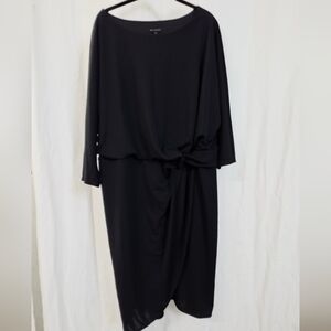 H Halston 2X 18/20 Black Midi Sheath Dress Dolmam 3/4 Sleeve Wrap Boat Neck